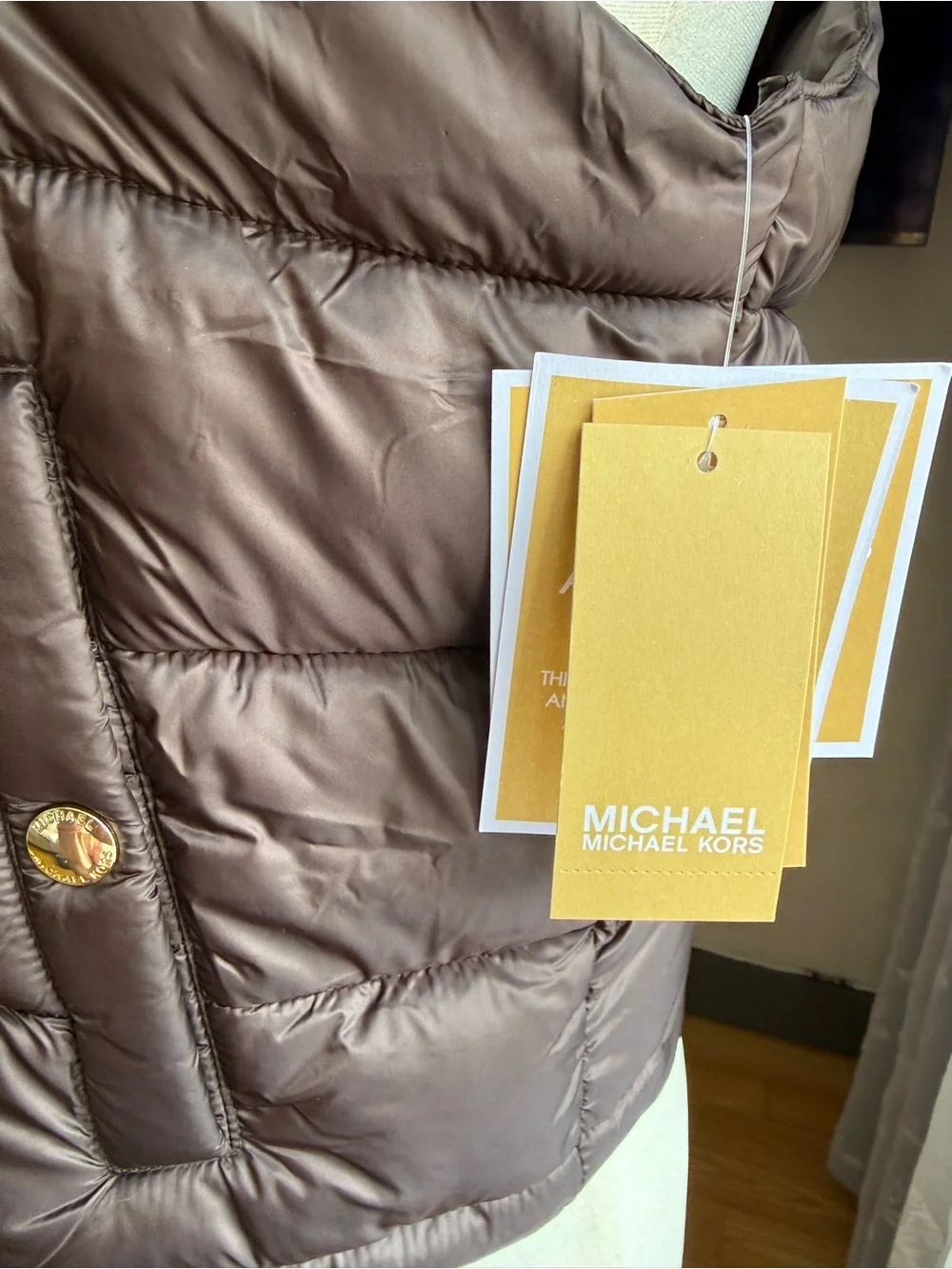 Michael Kors Chocolate Brown Quilted Puffer Vest with Gold Buttons